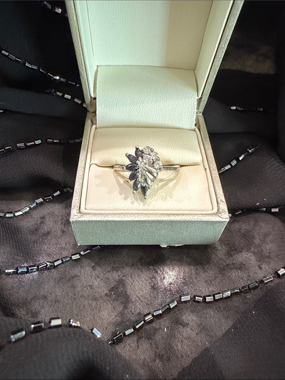 Sterling Silver Leaf Cluster Ring with Diamond and Sapphire Stones
